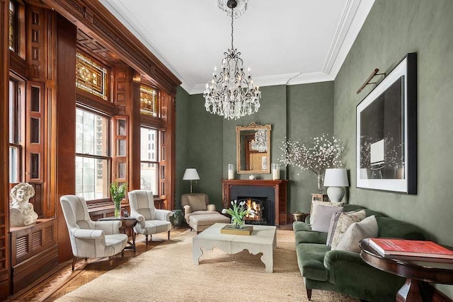 living area with crown molding and an inviting chandelier