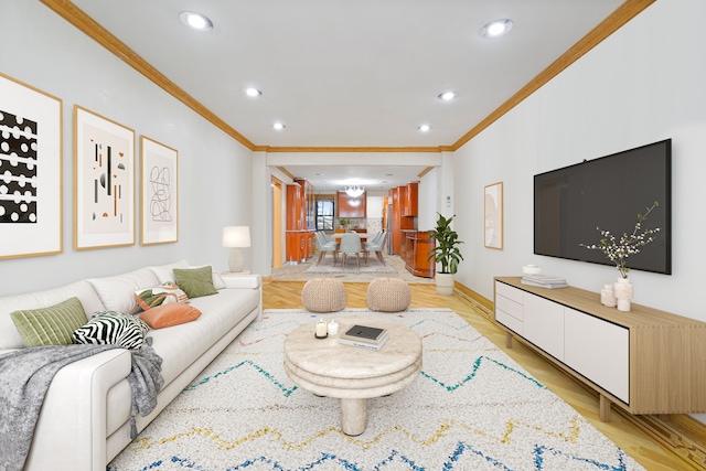 living room featuring crown molding and light hardwood / wood-style floors