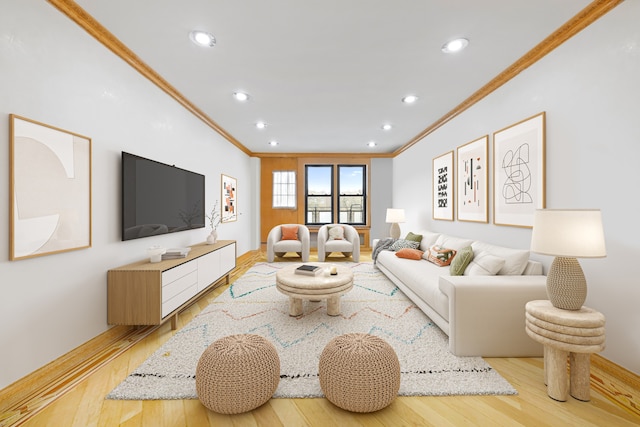 living room with light hardwood / wood-style flooring and crown molding