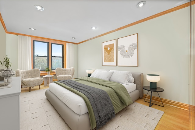 bedroom with crown molding and light wood-type flooring