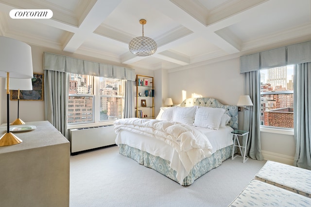 carpeted bedroom with crown molding, coffered ceiling, and beam ceiling