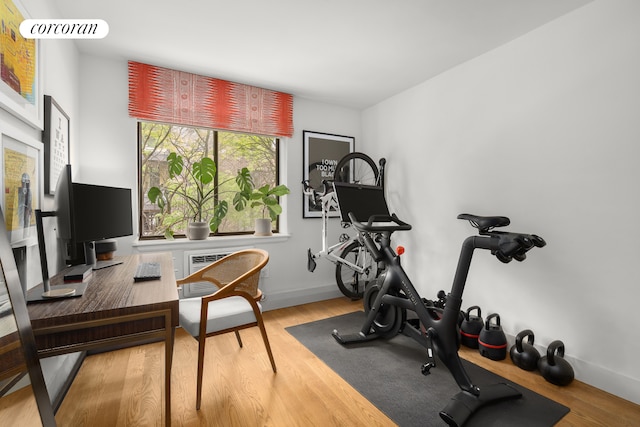 workout room with wood-type flooring