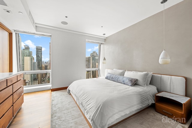 bedroom with multiple windows and light hardwood / wood-style flooring