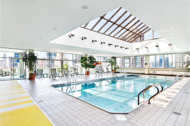 view of pool featuring a skylight