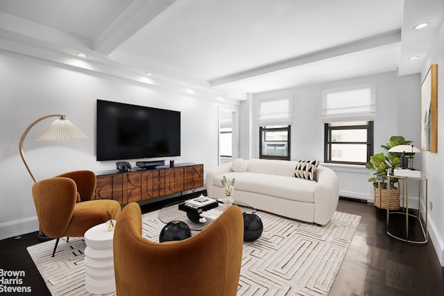 living room featuring beam ceiling and dark wood-type flooring