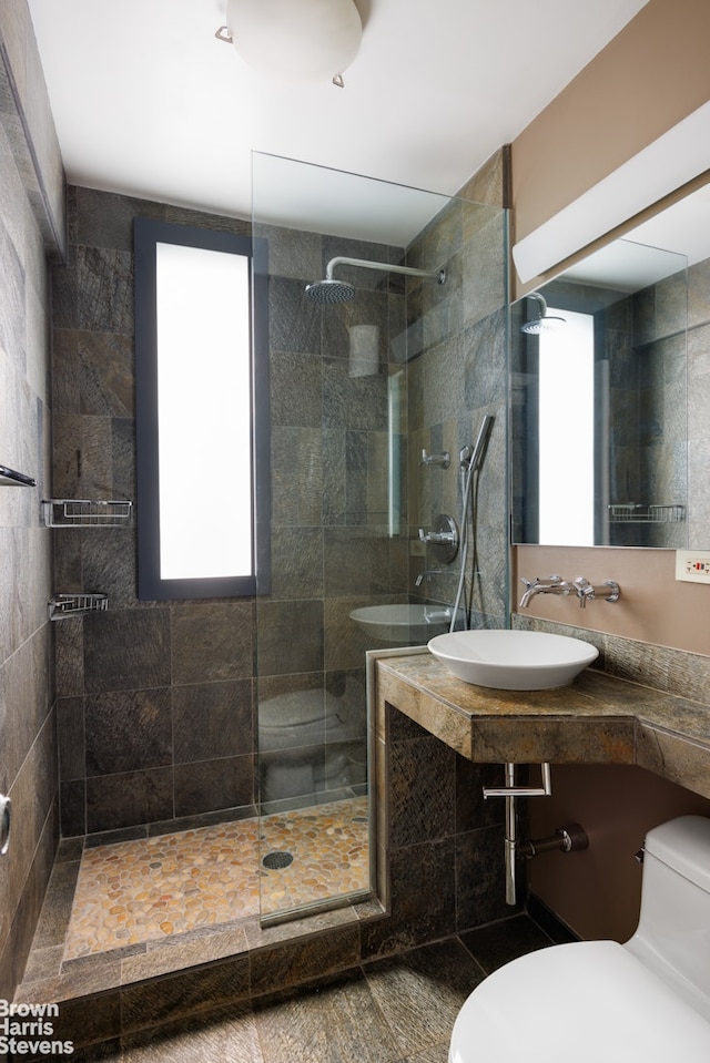 bathroom featuring large vanity, toilet, and a shower with door