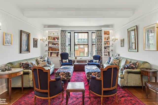 living room with crown molding and dark wood-type flooring