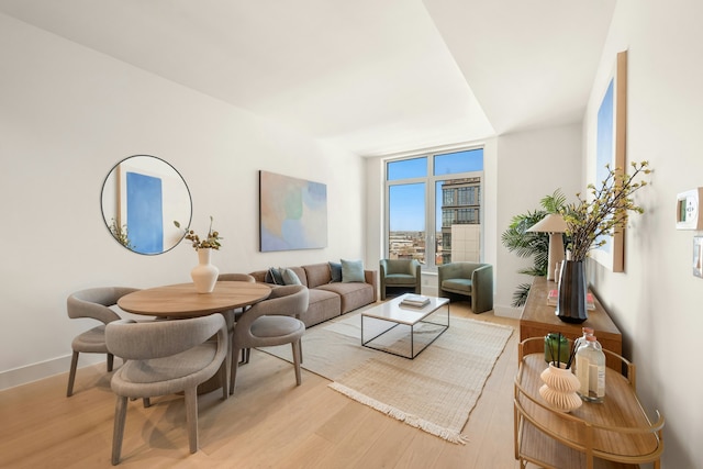 living room with a wall of windows and light wood-type flooring