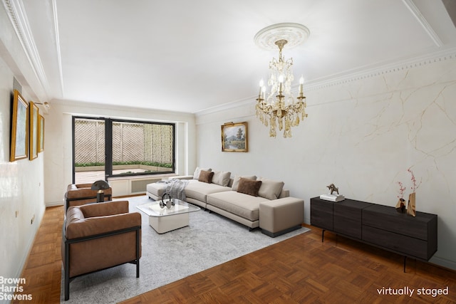 living room with an inviting chandelier, parquet floors, and ornamental molding