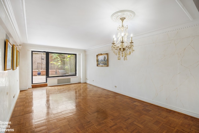 unfurnished room with an inviting chandelier, crown molding, and parquet floors