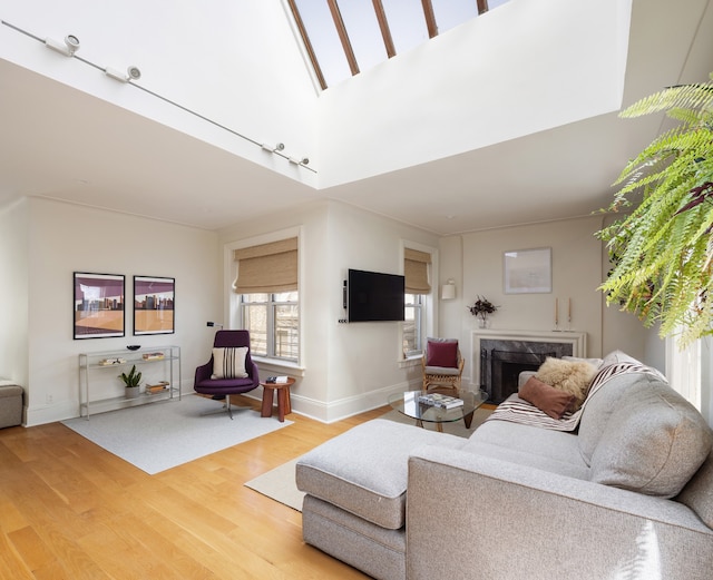 living room with a high end fireplace, rail lighting, and hardwood / wood-style flooring