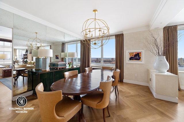 dining area featuring light parquet floors, ornamental molding, and a notable chandelier