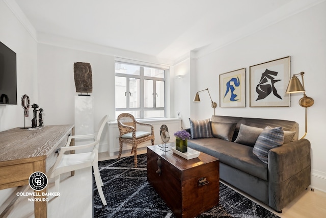 living room featuring crown molding and wood-type flooring