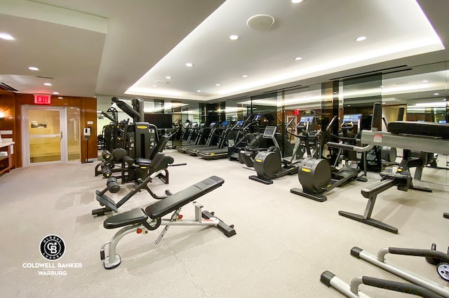 gym with a raised ceiling