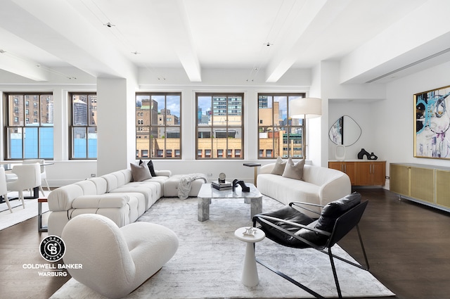 living room with beam ceiling, plenty of natural light, and wood-type flooring