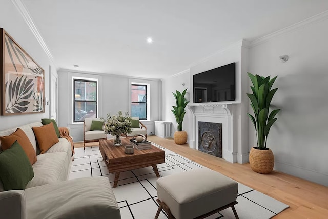 living room featuring light hardwood / wood-style floors and crown molding