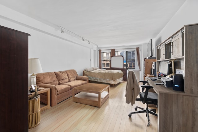 office with wood-type flooring and rail lighting