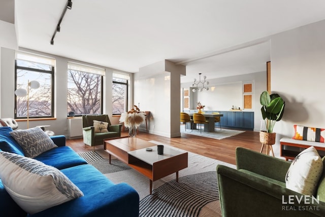 living room featuring hardwood / wood-style floors, a notable chandelier, and rail lighting