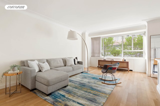 living room featuring light wood-type flooring and crown molding