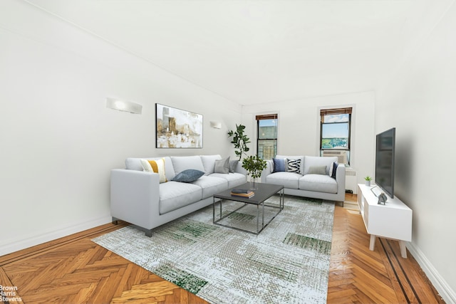 living room featuring radiator heating unit and parquet floors