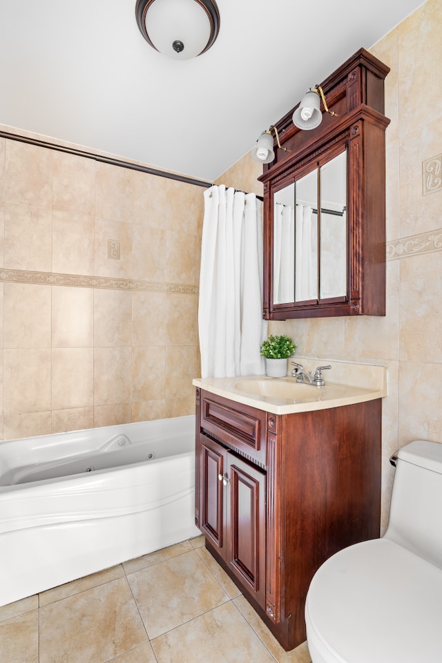 full bathroom featuring tile walls, vanity, shower / tub combo, tile patterned flooring, and toilet