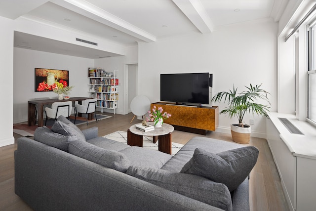 living room featuring light hardwood / wood-style floors and beam ceiling