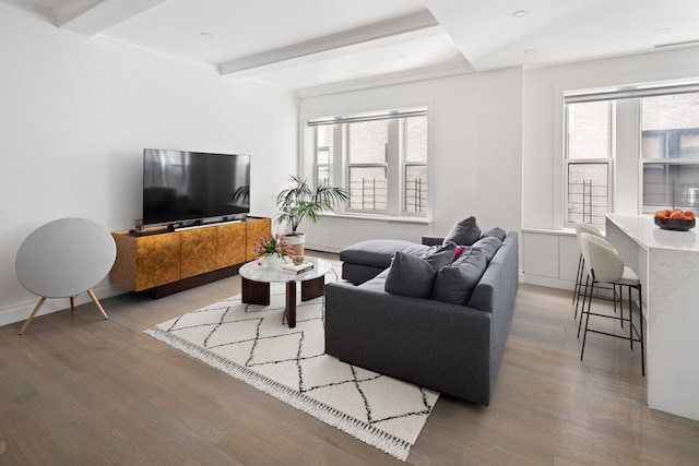 living room featuring beam ceiling and wood-type flooring