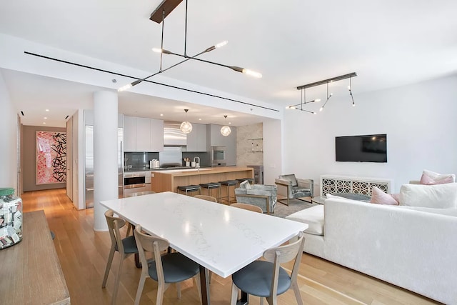 dining room with light hardwood / wood-style flooring, rail lighting, and sink