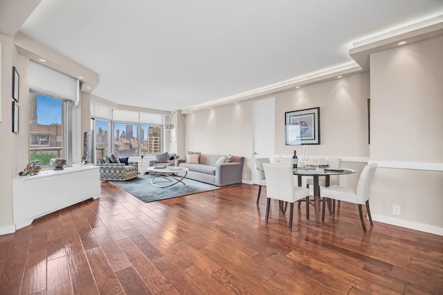 living room with dark hardwood / wood-style flooring