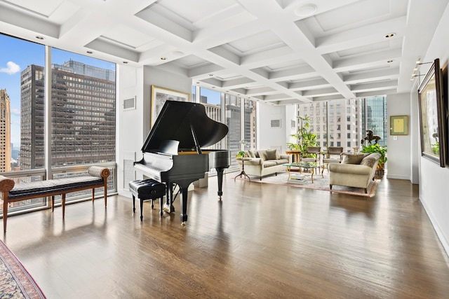 miscellaneous room featuring a healthy amount of sunlight, hardwood / wood-style flooring, and coffered ceiling