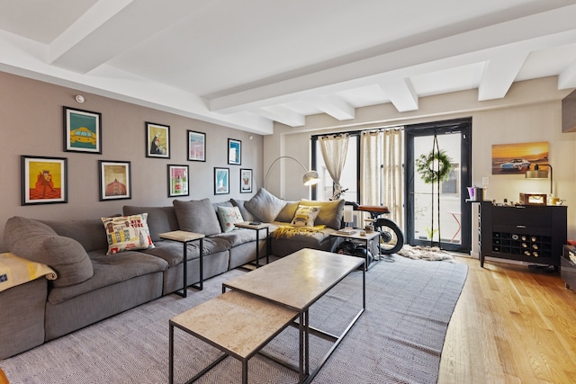 living room featuring light hardwood / wood-style floors and beamed ceiling