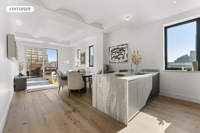 interior space featuring gray cabinets, a fireplace, hardwood / wood-style floors, sink, and kitchen peninsula