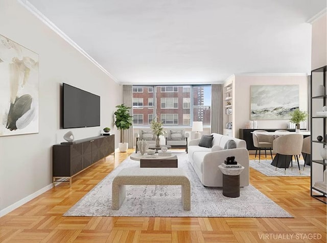 living room with crown molding and light parquet flooring