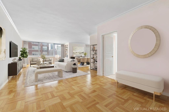 living room with crown molding and light parquet flooring