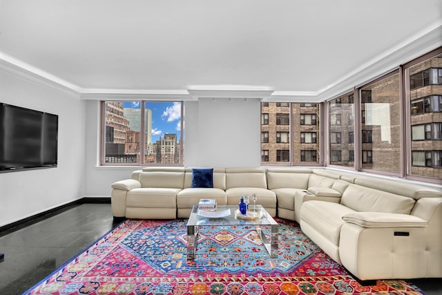 tiled living room with crown molding