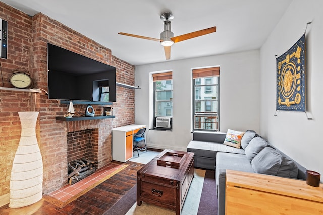 living room featuring hardwood / wood-style floors, a brick fireplace, ceiling fan, and cooling unit