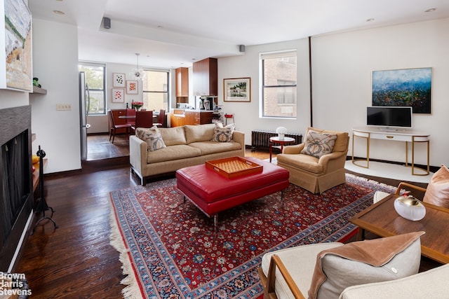 living room featuring radiator and dark hardwood / wood-style flooring