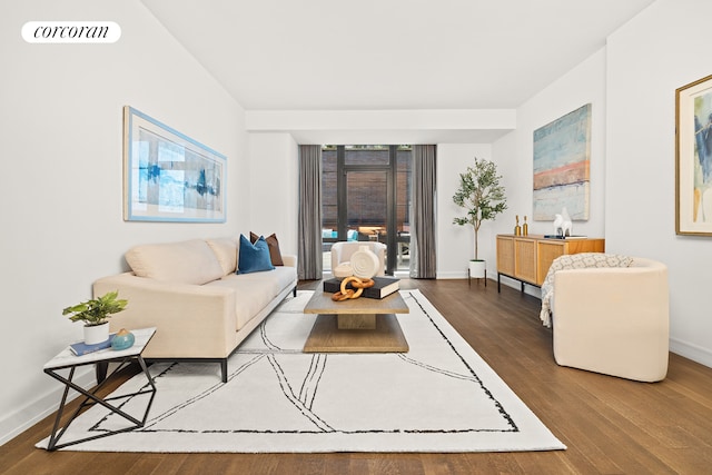 living room featuring dark wood-type flooring