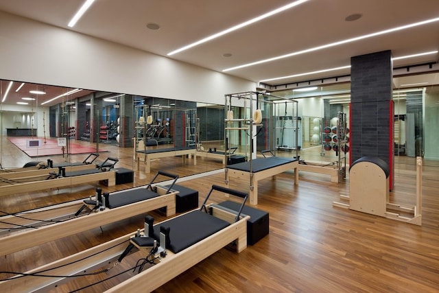 exercise room with hardwood / wood-style floors