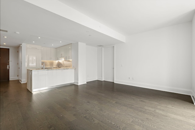 unfurnished living room featuring sink and dark hardwood / wood-style flooring