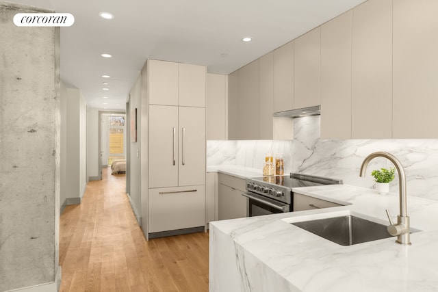 kitchen with light stone countertops, stainless steel range, sink, light hardwood / wood-style flooring, and decorative backsplash