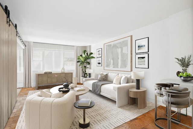 living room featuring a barn door and light parquet flooring