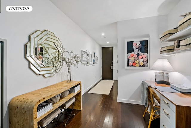 office with dark hardwood / wood-style flooring