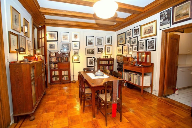 dining space with parquet flooring and crown molding