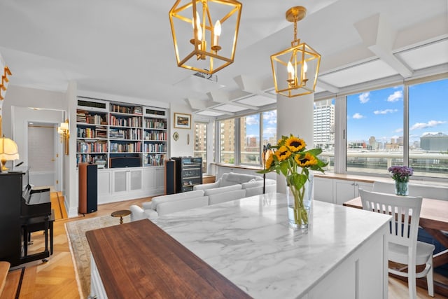 dining area featuring light parquet flooring