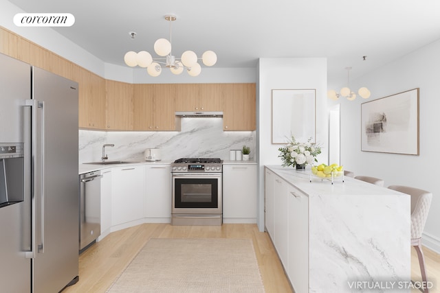 kitchen with pendant lighting, stainless steel appliances, an inviting chandelier, and light hardwood / wood-style floors