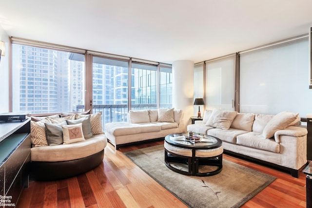 living room with hardwood / wood-style floors and floor to ceiling windows