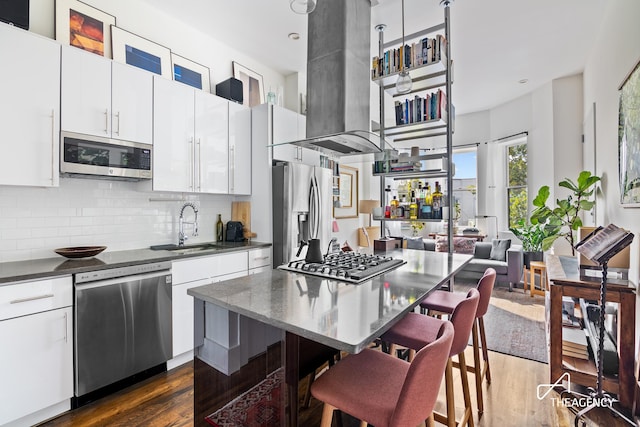 kitchen featuring island exhaust hood, dark hardwood / wood-style flooring, a kitchen island, sink, and appliances with stainless steel finishes