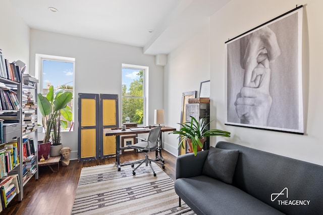 office space featuring dark wood-type flooring