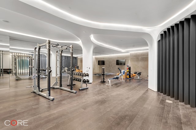 exercise room featuring hardwood / wood-style floors